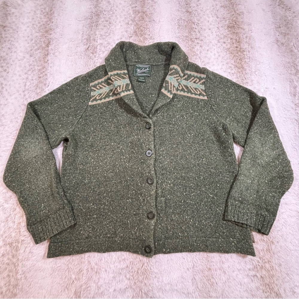 Woolrich Women’s Shawl Collar Cardigan Sweater Green Speckled Size L